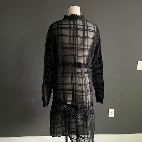 OBJECT Sheer Plaid Tiered Midi Dress Black Long Sleeve Art Deco Avant Garde - Picture 7 of 8